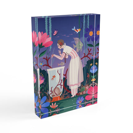 🐠🌸 The Lady Of The Enchanted Aquarium Acrylic Art Block – Art Deco Underwater Whimsy Description