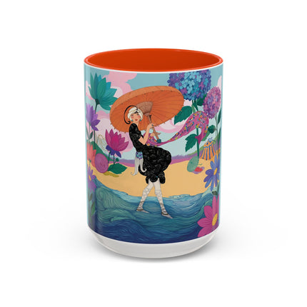 The Lady Of The Coral Parasol Colorful Mugs – Art Deco Coastal Elegance