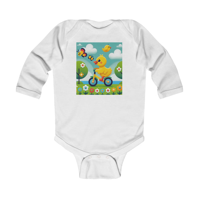 Duckling Riding a Bike Baby Long Sleeve Bodysuit – Whimsical Duck Garden Adventure Design