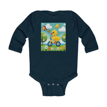 Duckling Riding a Bike Baby Long Sleeve Bodysuit – Whimsical Duck Garden Adventure Design