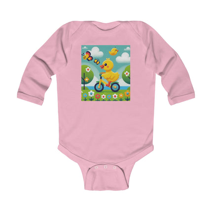 Duckling Riding a Bike Baby Long Sleeve Bodysuit – Whimsical Duck Garden Adventure Design