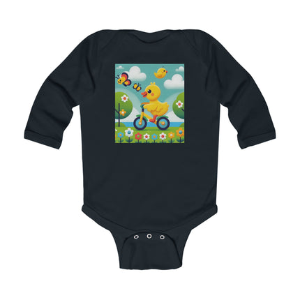 Duckling Riding a Bike Baby Long Sleeve Bodysuit – Whimsical Duck Garden Adventure Design