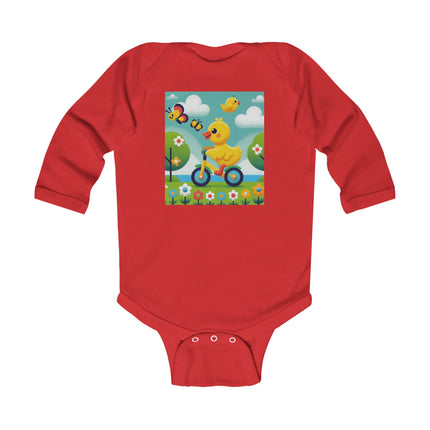 Duckling Riding a Bike Baby Long Sleeve Bodysuit – Whimsical Duck Garden Adventure Design