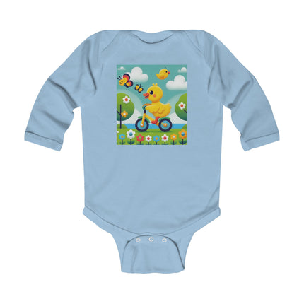 Duckling Riding a Bike Baby Long Sleeve Bodysuit – Whimsical Duck Garden Adventure Design