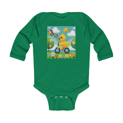 Duckling Riding a Bike Baby Long Sleeve Bodysuit – Whimsical Duck Garden Adventure Design