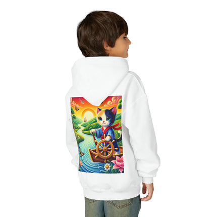 Sailor Kitten’s River Adventure Youth Hooded Sweatshirt – Playful Journey & Colorful Discovery