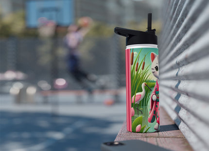 Geisha Kitten Strolls Among the Spoonbills Stainless Steel Water Bottle, Standard Lid