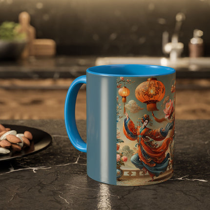 Golden Dragon & Lantern Lady Colorful Mug – Imperial Dragon & Elegant Harmony