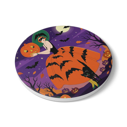 🎃🌕 The Pumpkin Moon Enchantress Ceramic Coaster – Elegant Halloween Masquerade