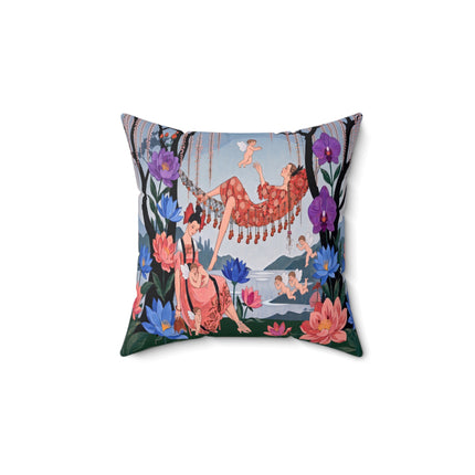 🌸🪽 The Garden Of Little Cupids Square Pillow – Art Deco Floral Fantasy