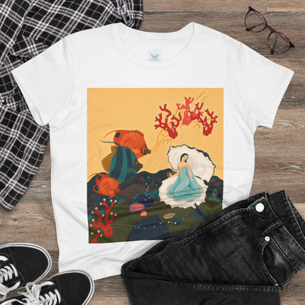 🐚🪸 The Lady Of The Coral Reef Cotton Tee – Art Deco Ocean Fantasy