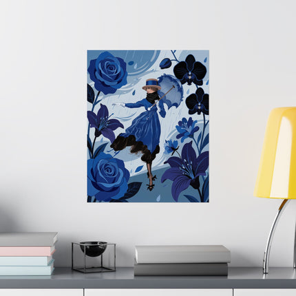 ☔💙 The Lady Of The Blue Rain Matte Vertical Poster – Art Deco Floral Whimsy