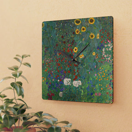 Farm Garden with Sunflowers by Gustav Klimt Acrylic Wall Clock, Round and Square