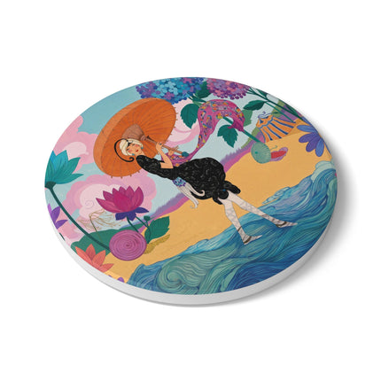 🌊☂️ The Lady Of The Flowered Seashore Ceramic Coaster – Art Deco Seaside Fashion