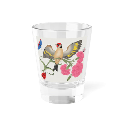Goldfinch & Pink Flowers Shot Glass – Vibrant Spring & Bold Beauty