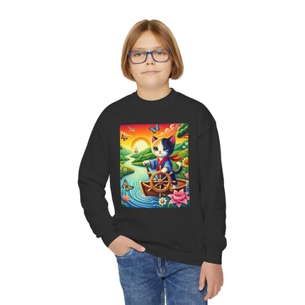 Sailor Kitten’s River Adventure Youth Crewneck Sweatshirt – Exploration, Joy & Storybook Adventure