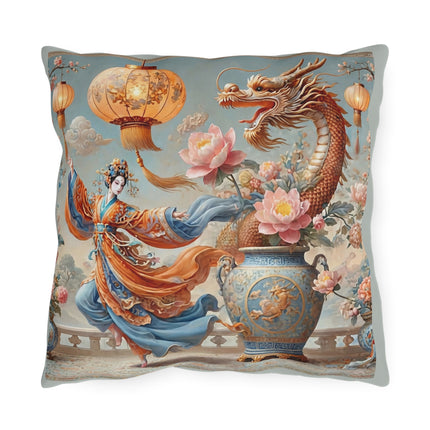 Golden Dragon & Lantern Lady Outdoor Pillows – Imperial Dragon & Elegant Harmony