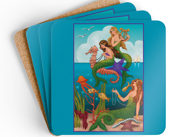 Three Mermaids with Strings of Pearls by Carlo Chiostri Corkwood Coaster Set