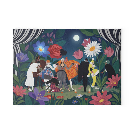 🌙🌺 The Midnight Garden Masquerade Glass Cutting Board – Art Deco Floral Fantasy