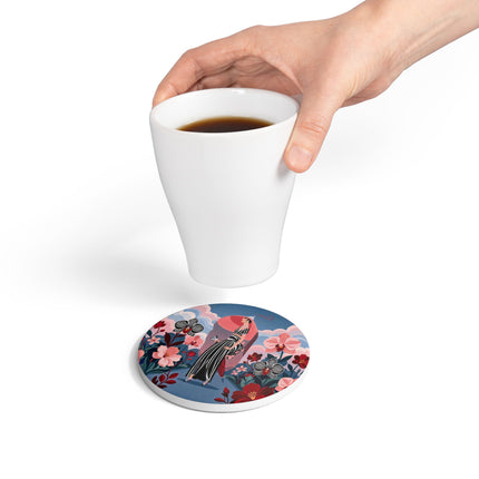 🌸🖤 The Striped Orchid Promenade Ceramic Coaster – Art Deco Floral Fashion