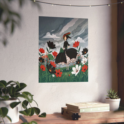 🌧️🌺 The Lady Of The Rainy Flower Meadow Matte Vertical Poster – Art Deco Floral Whimsy