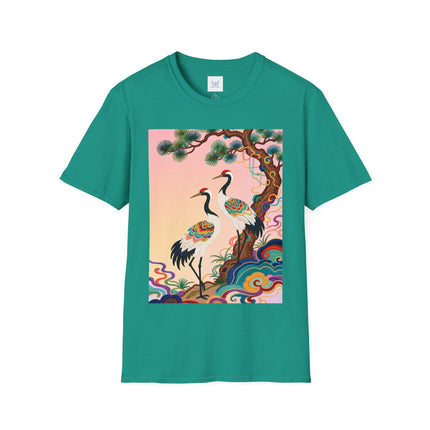 🐦🌸 The Enchanted Crane Garden Softstyle T-Shirt – Oriental Elegance & Colorful Harmony