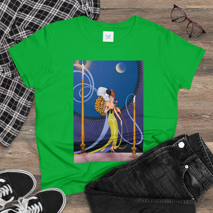 Smoke and Secrets: A Glamorous Encounter in Prohibition Era Women's Midweight Cotton Tee