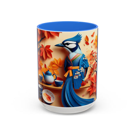 Blue Jay at an Autumn Tea Ceremony Colorful Mugs (11oz, 15oz)