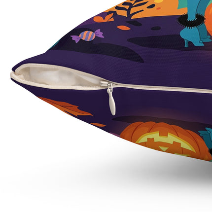🐈‍⬛🎃 The Midnight Black Cat Masquerade Square Pillow – Whimsical Halloween Elegance