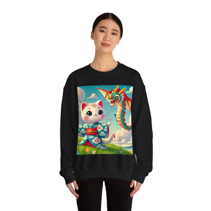 Geisha Kitten and the Dragon Kite Heavy Blend™ Crewneck Sweatshirt