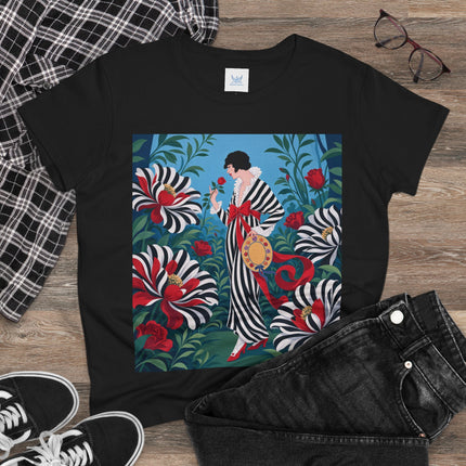 ❤️🌹 The Scarlet Striped Garden Cotton Tee – Art Deco Fashion Illustration