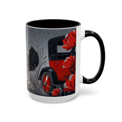 ☔🌹 The Scarlet Rainstorm Promenade Colorful Mug – Art Deco Motoring Elegance