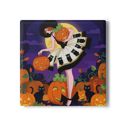 🐈‍⬛🎃 The Black Cat Pumpkin Belle Ceramic Coaster – Vintage Halloween Charm