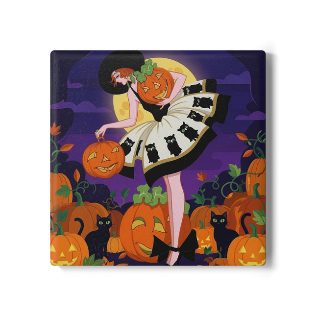🐈‍⬛🎃 The Black Cat Pumpkin Belle Ceramic Coaster – Vintage Halloween Charm