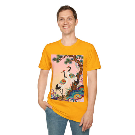 🐦🌸 The Enchanted Crane Garden Softstyle T-Shirt – Oriental Elegance & Colorful Harmony
