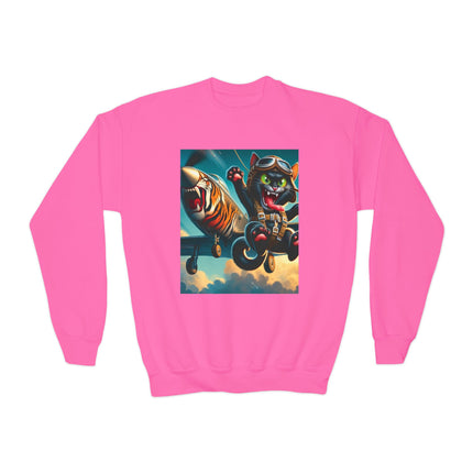 Parachuting Cat Commando Youth Crewneck Sweatshirt – High-Flying Adventure & Bold Fun