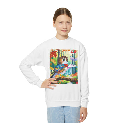 Baby Hawk Plays in Forest Youth Crewneck Sweatshirt – Woodland Wonder & Playful Discovery