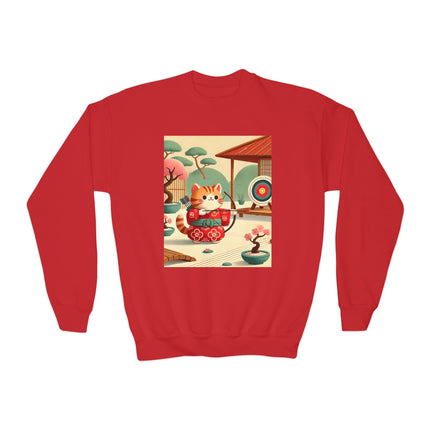 Archer Kitten in the Zen Garden Youth Crewneck Sweatshirt – Focus, Calm & Playful Precision