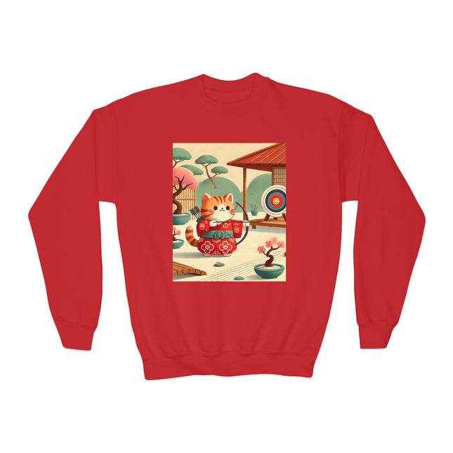Archer Kitten in the Zen Garden Youth Crewneck Sweatshirt – Focus, Calm & Playful Precision