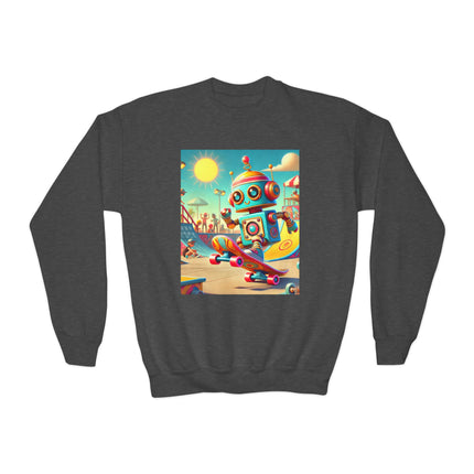 Skate Park Robot Youth Crewneck Sweatshirt – Energy, Motion & Retro-Futuristic Fun