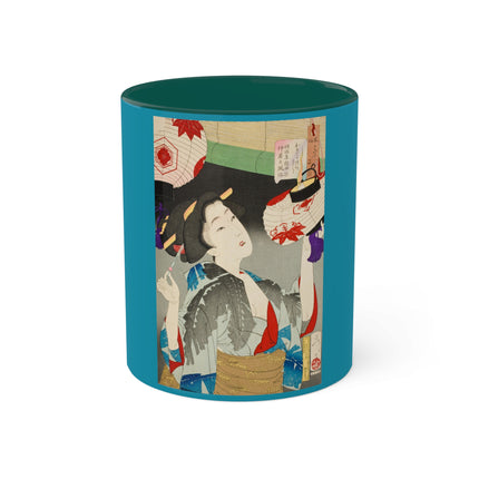 Looking Observant; The Appearance of a Kyoto Waitress of the Meiji Era by Tsukioka Yoshitoshi Colorful Mugs, 11oz