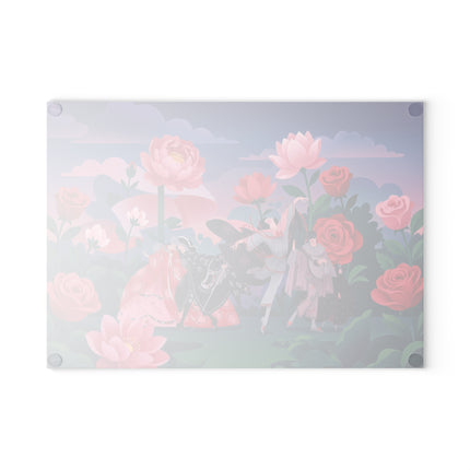 🌹🎭 The Rose Garden Masquerade Glass Cutting Board – Art Deco Floral Fantasy