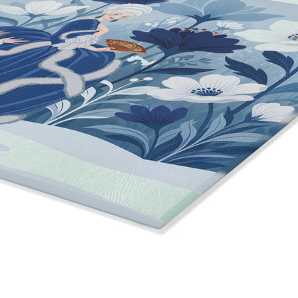 💙❄️ The Winter Courtship Glass Cutting Board – Art Deco Floral Romance