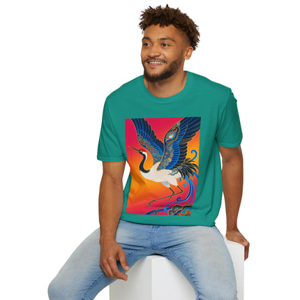 🪽🌅 The Celestial Crane Softstyle T-Shirt – Art Deco Wings Of Elegance