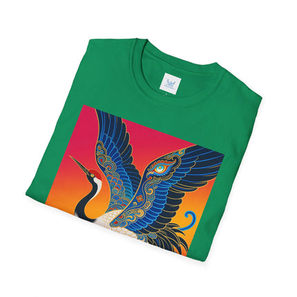 🪽🌅 The Celestial Crane Softstyle T-Shirt – Art Deco Wings Of Elegance