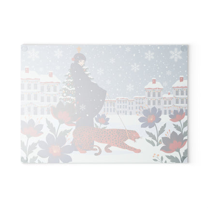 🐆❄️ The Lady And The Christmas Leopard Glass Cutting Board – Art Deco Winter Fantasy