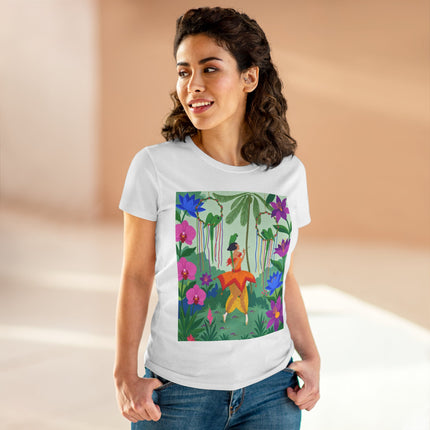 🌺🦜 The Tropical Garden Serenade Cotton Tee – Colorful Art Deco Fantasy