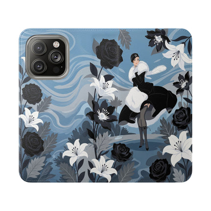 🖤🤍 The Lady Of The Black Rose Garden Flip Case – Art Deco Floral Elegance