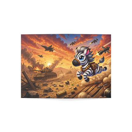 🦓💥 The Little Zebra Battlefield Dash Greeting Card – Whimsical Animal Adventure