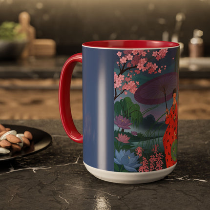 The Lady Of The Cherry Blossoms Colorful Mugs – Art Deco Spring Elegance